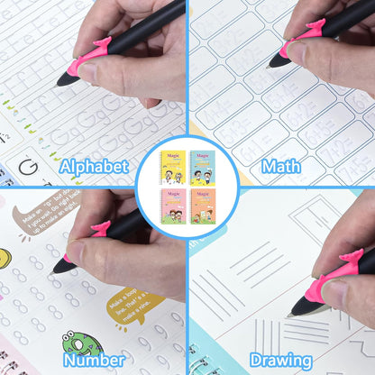 Magic Grooved Writing Practice Books, Handwriting Practice Magic Copybook for Kids Ages 3-8, Large Grooved Writing PracticeBook Aid Magic Pen Reusable Letter Learning Kit, Kindergarten Workbooks