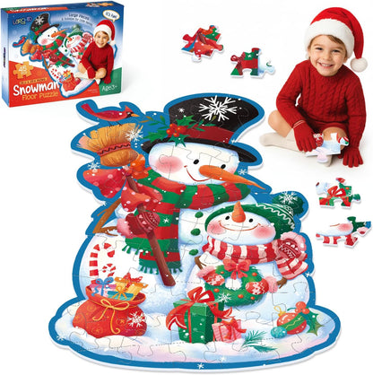 Snowman Floor Puzzle for Kids Age 4-8, 45PCS Jumbo Christmas Jigsaw Puzzle, Large 25.6" x 36.2" Winter Puzzle with Poster, for Kid Boy Girls