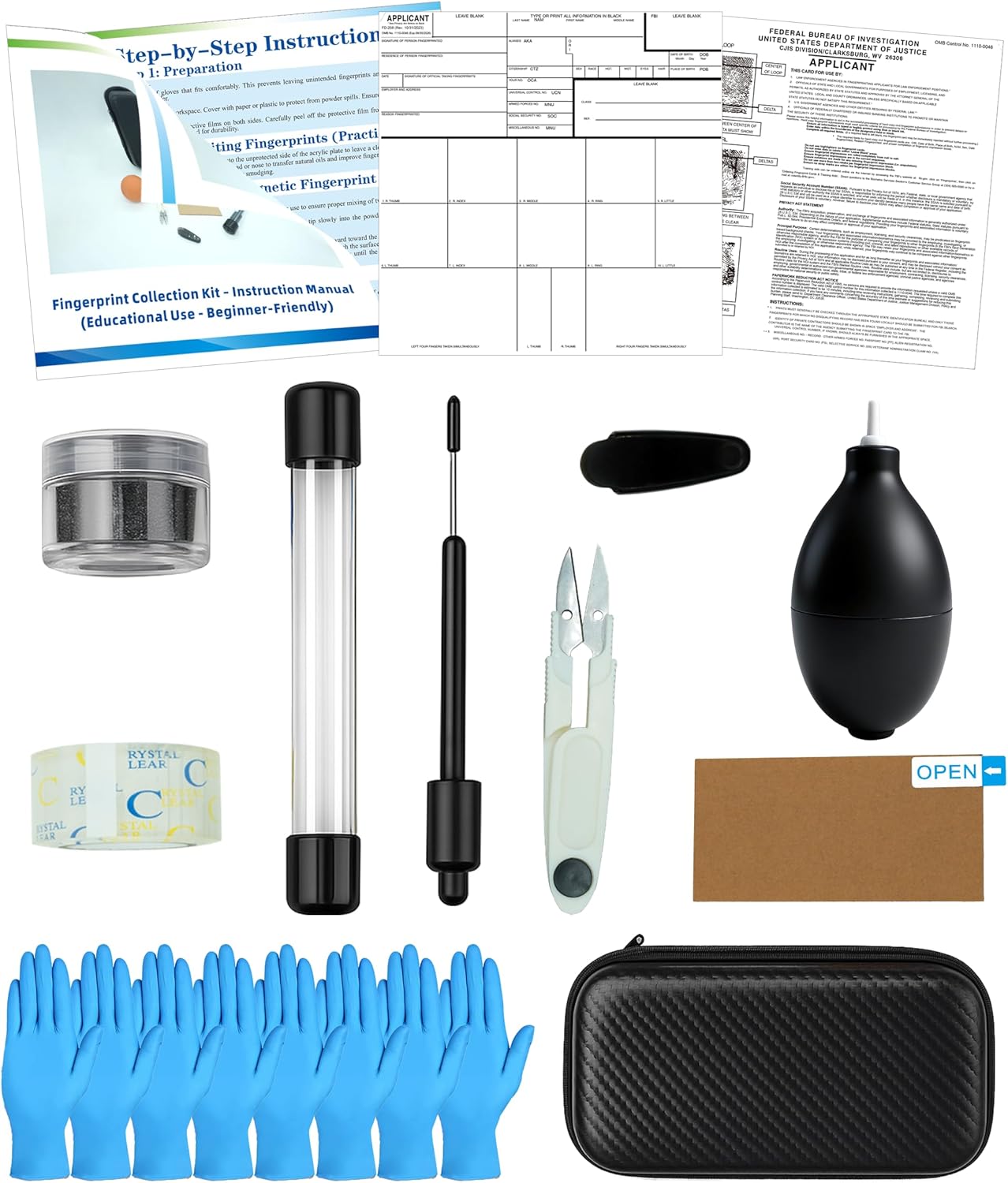 Latent Fingerprint Kit 13-Piece Set, Magnetic Two-Tone Powder, Magnetic Brush, Fingerprint Cards & More for Classroom and Forensic Science Education (13-in-1 Set)