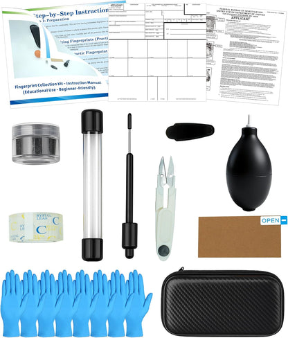 Latent Fingerprint Kit 13-Piece Set, Magnetic Two-Tone Powder, Magnetic Brush, Fingerprint Cards & More for Classroom and Forensic Science Education (13-in-1 Set)