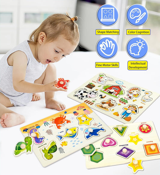 Wooden Peg Puzzles for Toddlers,Montessori Toddler Jigsaw for Child,Fine Motor Skill Learning Puzzle Toys for Baby Boys Girls Gifts-6 Pcs Shape,Farm,Sea Animal,Dinosaurs,Fruits,Animal