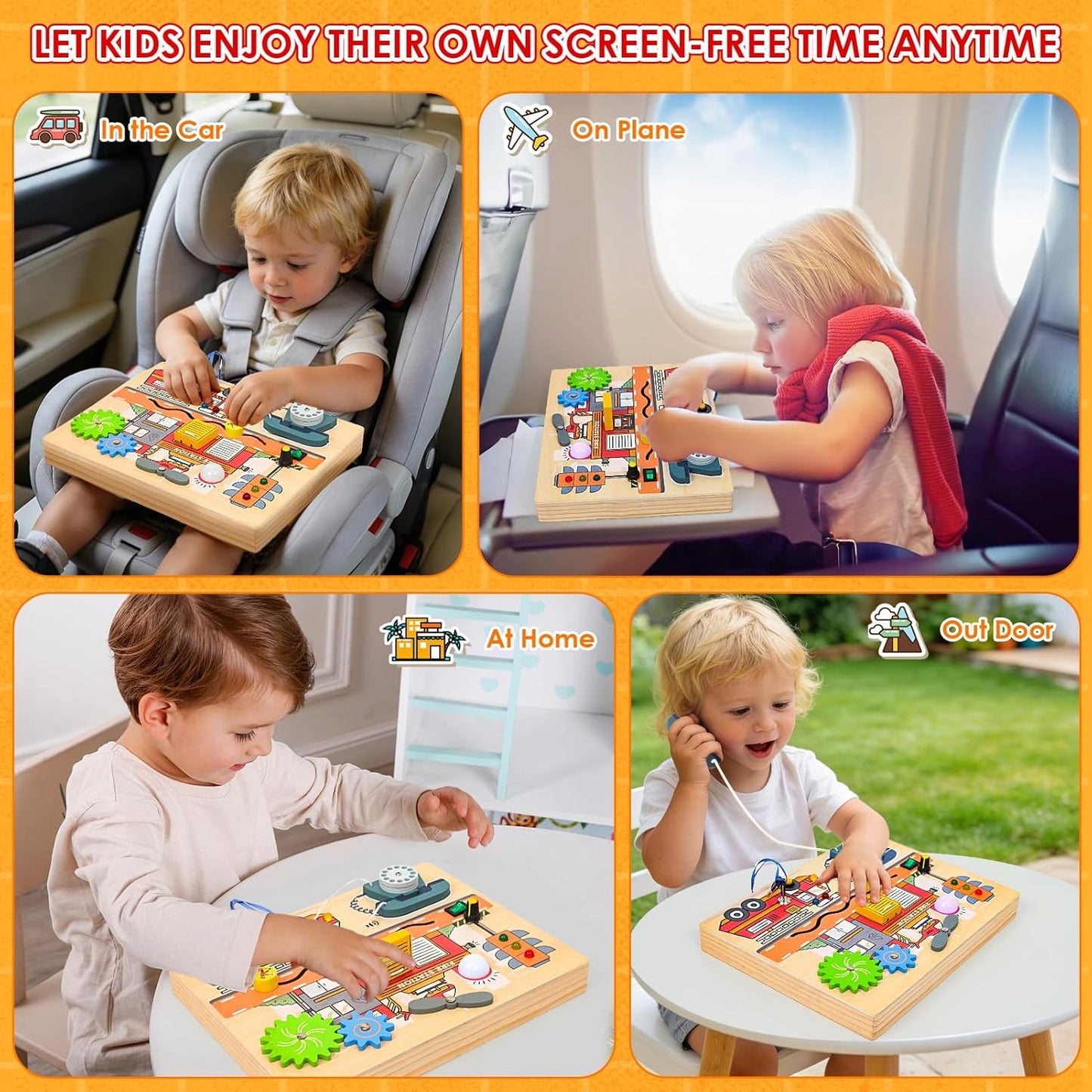 Wdmiya Montessori Busy Board for Toddlers 2-4, Fire Truck Activity Board with LED Lights & Sounds, Wooden Sensory Learning Toy with Rotary Phone, Helicopter & Gears, for 2 3 4 Year Old Boys Girls Gift