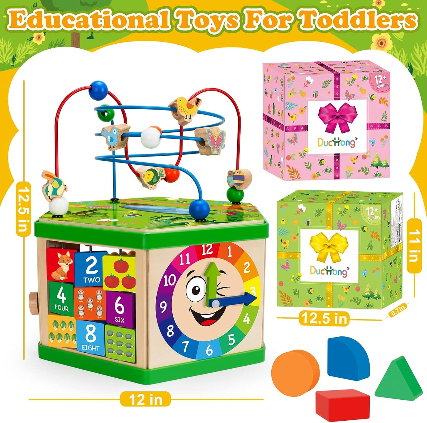 Wooden Activity Cube for 1 Year old, 12-18 Month Boys & Girls, 7-in-1 STEM Montessori Early Developmental Learning Toys for Kids Aged 1-2, Ideal 1st Birthday Gift Toys for Baby, Toddlers (Green)