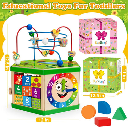 Wooden Activity Cube for 1 Year old, 12-18 Month Boys & Girls, 7-in-1 STEM Montessori Early Developmental Learning Toys for Kids Aged 1-2, Ideal 1st Birthday Gift Toys for Baby, Toddlers (Green)
