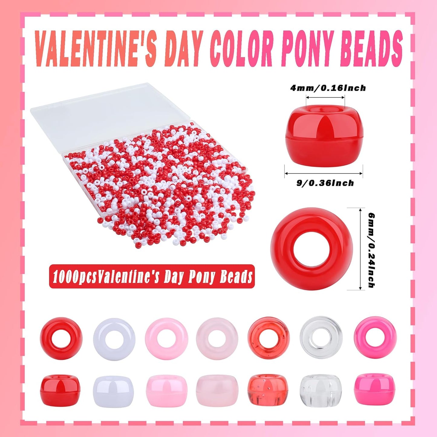 Red Pony Beads 1000Pcs 9mm Pony Beads Bulk Red Perler Beads for Friendship Bracelets Kandi Beads Hair Beads for Braids Beads for Crafts