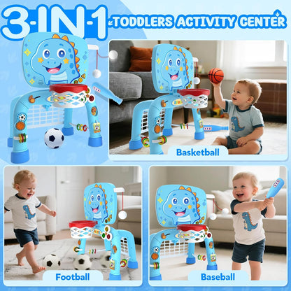 Toys for 1 Year Old Boy - Toddler Basketball Hoop & Soccer Goal & Baseball Activity Center with Light Sound Music, Puppy Montessori Sports Toy, Christmas Birthday Gift for Baby 12-18 Months, Yellow