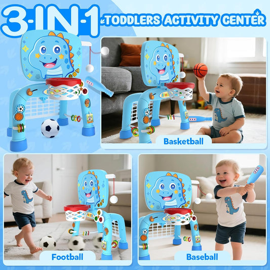 Toys for 1 Year Old Boy - Toddler Basketball Hoop & Soccer Goal & Baseball Activity Center with Light Sound Music, Puppy Montessori Sports Toy, Christmas Birthday Gift for Baby 12-18 Months, Yellow
