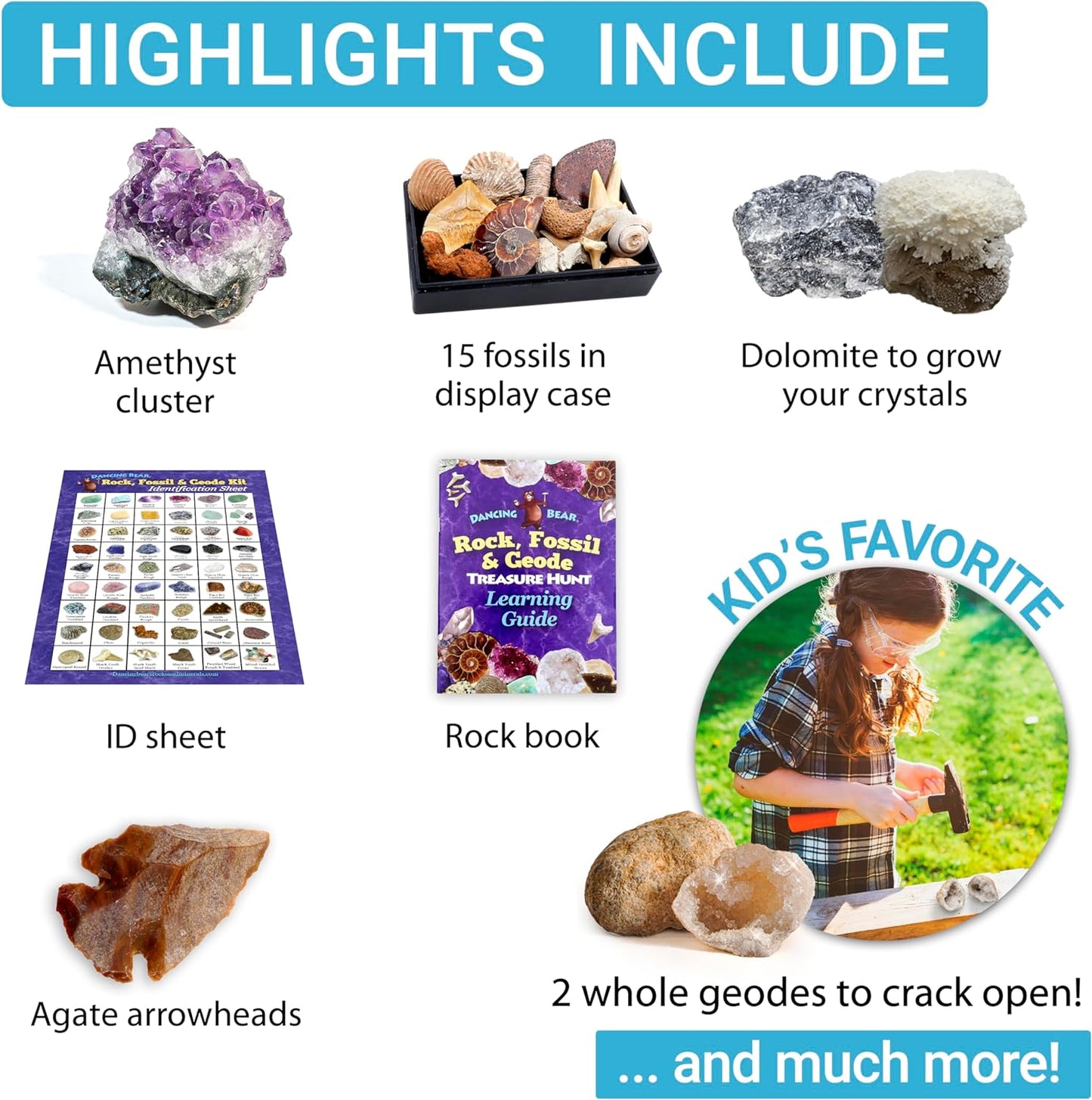 DANCING BEAR Rock, Mineral & Geodes Treasure Hunt Activity Kit (250 Pc Set) Real Shark Teeth Fossils, ID Sheet & Rock Book, STEM