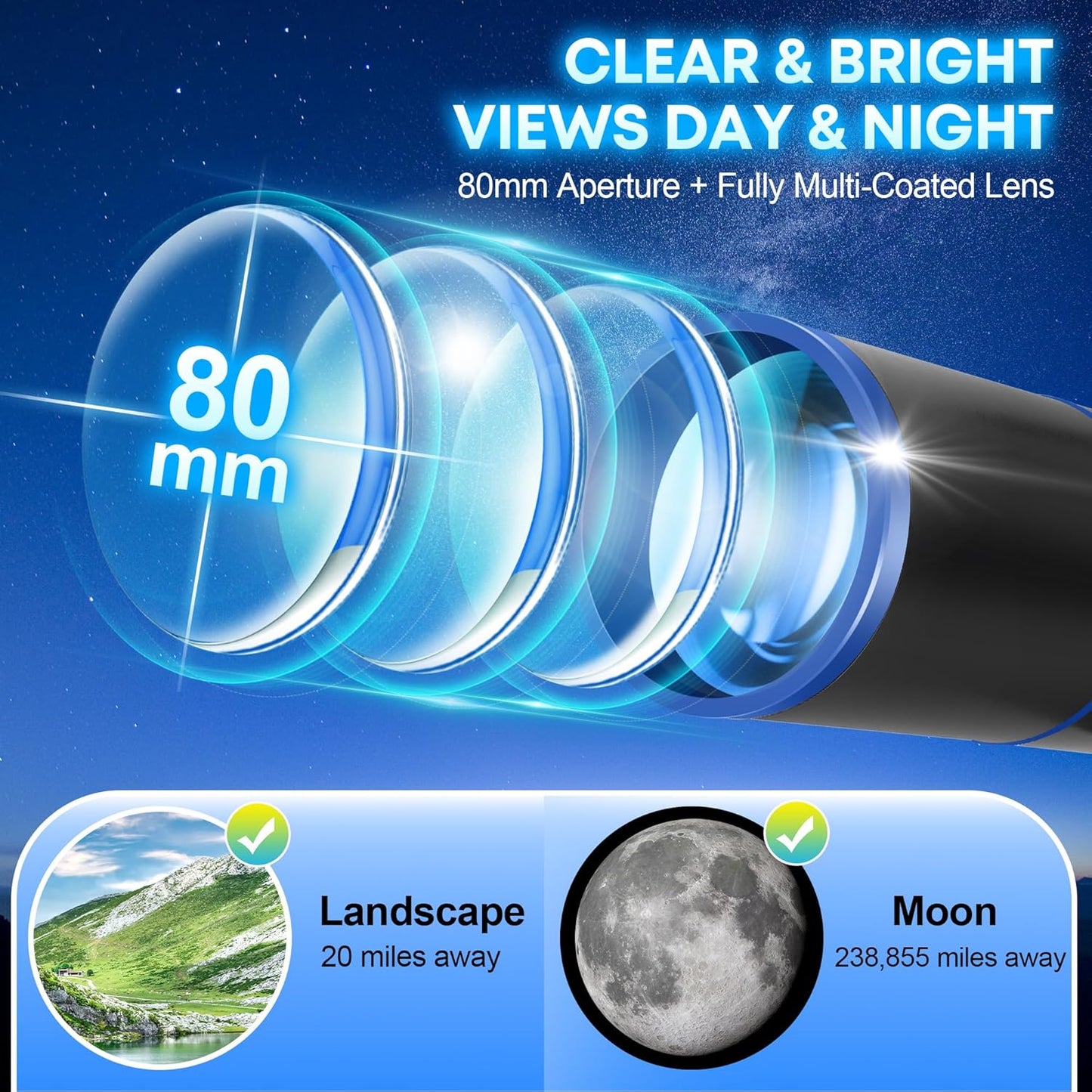 Hawkko Telescope for Adults & Kids – 80mm Aperture 500mm Telescopes for Adults Astronomy, (20X-150X) Portable Refractor Telescope Kit for Beginners with Decorate Stickers, AZ Tripod, Phone Adapter