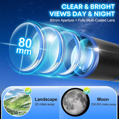 Hawkko Telescope for Adults & Kids – 80mm Aperture 500mm Telescopes for Adults Astronomy, (20X-150X) Portable Refractor Telescope Kit for Beginners with Decorate Stickers, AZ Tripod, Phone Adapter