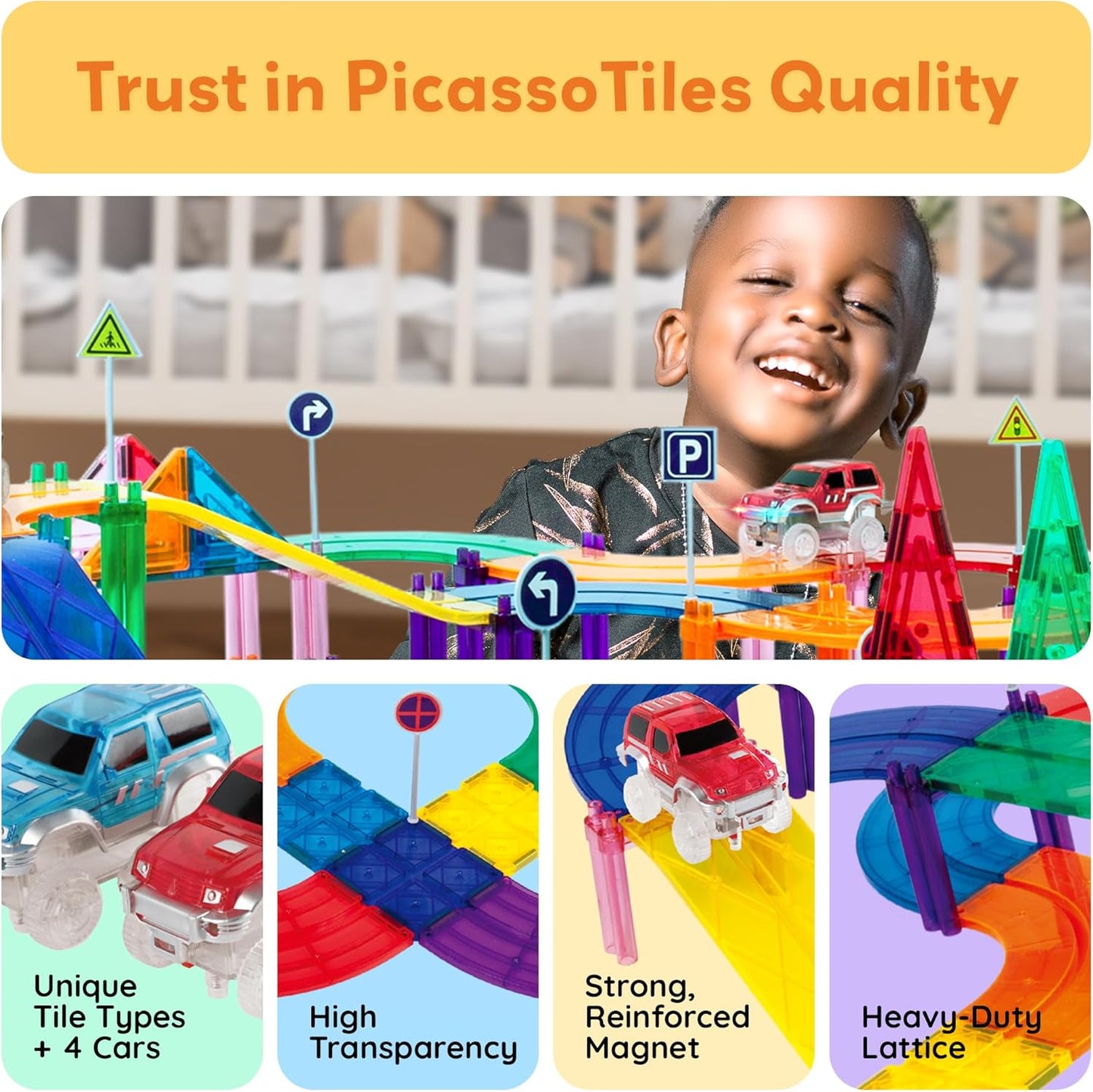PicassoTiles 50pc Racecar Track Magnetic Tiles Educational Kids Toy with 2 Light Up Trucks STEM Preschool Learning Magnet Tile Toddler Toys Boys Girls Ages 3+ Blocks Game Puzzles Build Playset PTR50