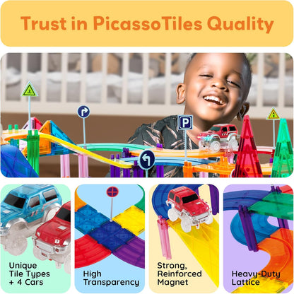 PicassoTiles 50pc Racecar Track Magnetic Tiles Educational Kids Toy with 2 Light Up Trucks STEM Preschool Learning Magnet Tile Toddler Toys Boys Girls Ages 3+ Blocks Game Puzzles Build Playset PTR50