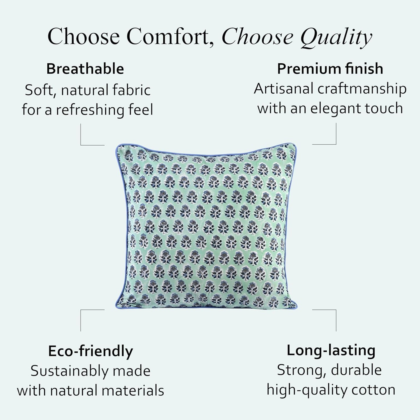 CPC 100% Cotton Throw Pillow Covers 18x18 Inch, Set of 2 Green Block Print Pattern Couch Pillow, Cute Boho Decorative Pillows for Living Room, Bedroom with Hidden Zipper- Agate Green