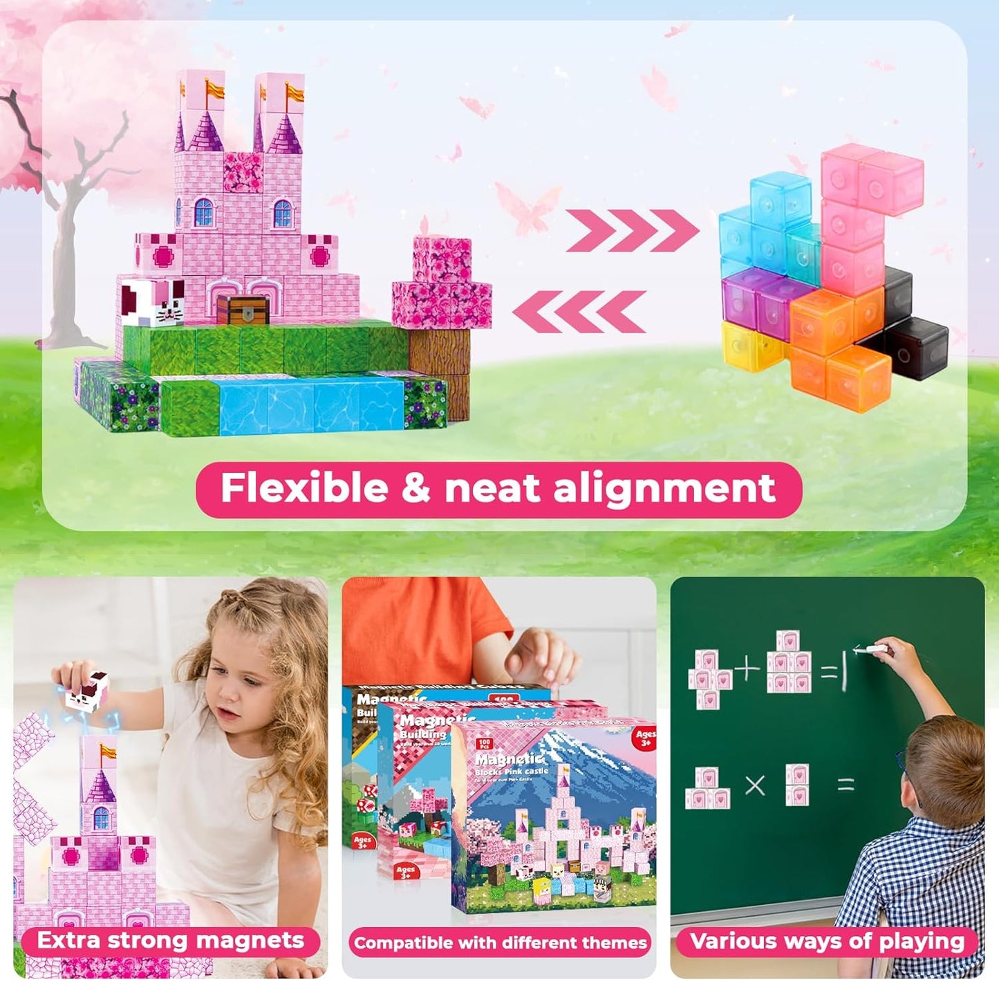 Magnetic Blocks - 100Pcs 0.8in Magnetic Building Block for Kids Ages 4-8, Transparent Magnet Block Blue Princess Castle, Magnet Cubes Tiles Princess Toy for Girl 3 4 5 6 7 8-12 Birthday Gift