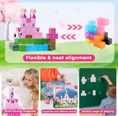 Magnetic Blocks - 100Pcs 0.8in Magnetic Building Block for Kids Ages 4-8, Transparent Magnet Block Blue Princess Castle, Magnet Cubes Tiles Princess Toy for Girl 3 4 5 6 7 8-12 Birthday Gift