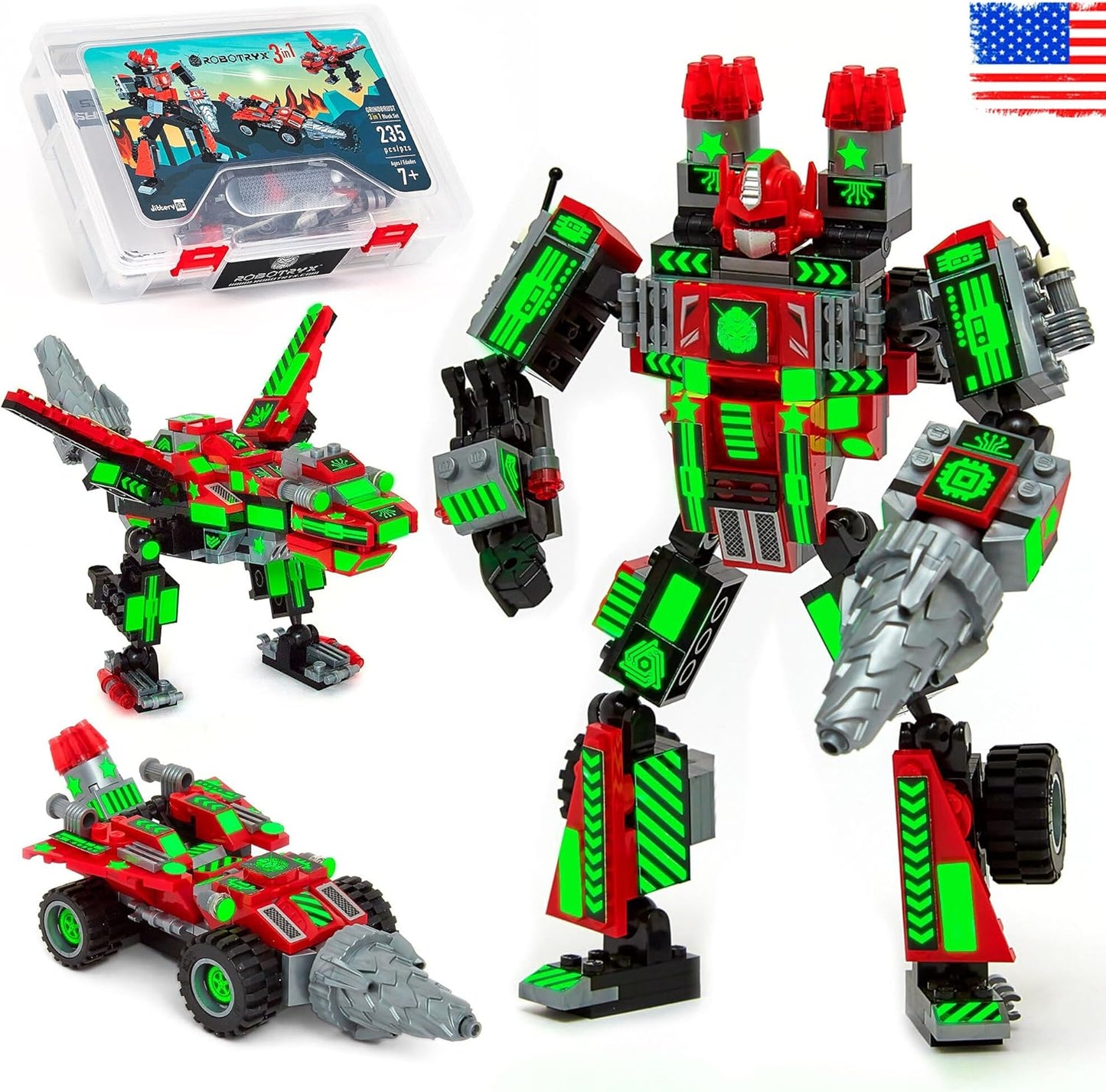 JITTERYGIT Robot Army Buildable Mech Soldier Glow in The Dark Gift Toy Set, Helicopter Military Creative STEM Project, Dinosaur Building Bricks Kit for Kids Ages 6-11 Years Old