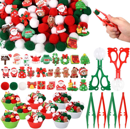 203 Pcs Christmas Sensory Bin Fillers Santa Fine Motor Skills Christmas Sensory Bin Item Pompoms Cups Tweezers Scissor Clips for Activities Sorting Counting (Style 1)