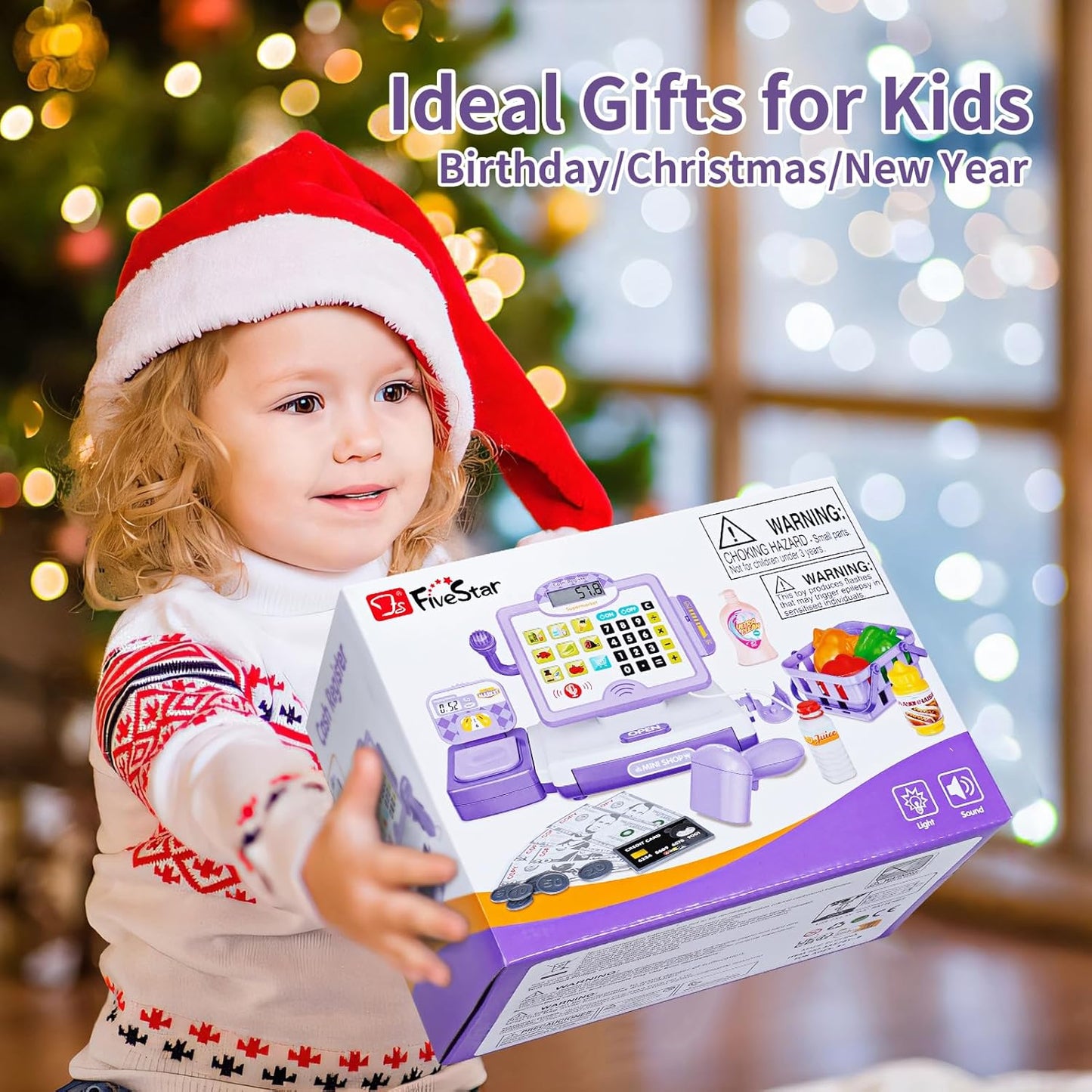 FS Pretend Play Cash Register Toy with True Barcode Scanner & Calculator, Microphone, Play Food, Supermarket Cashier, Great Pre-School Gift Cash Register for Kids Boys & Girls, Ages 3 4 5 6 8