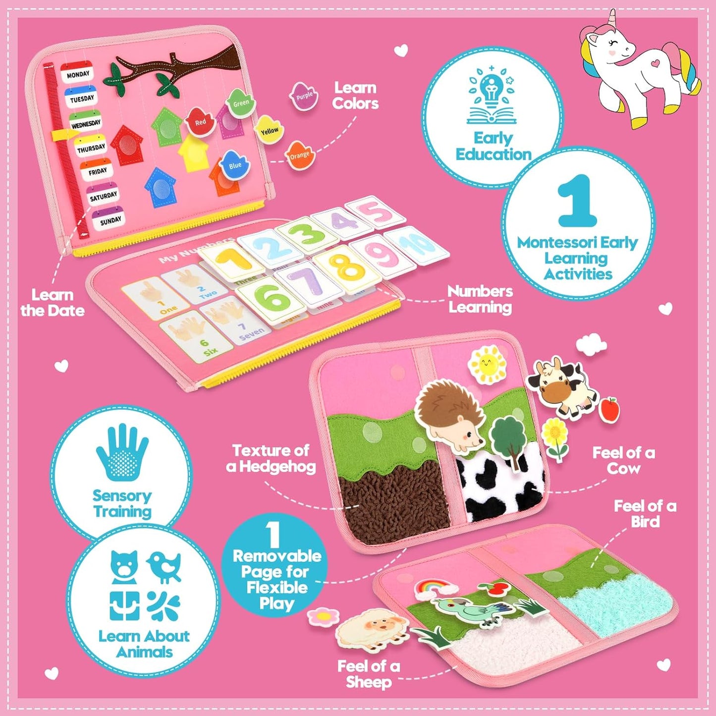 Toddler Sensory Busy Board: Travel Toy Activity Book for Girls Boys, Motor Skill Development Gift for Baby Aged 3-4 Years, Fine Educational Preschool Montessori Learning Toy for Car Airplane Dinosaur
