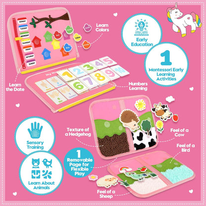 Toddler Sensory Busy Board: Travel Toy Activity Book for Girls Boys, Motor Skill Development Gift for Baby Aged 3-4 Years, Fine Educational Preschool Montessori Learning Toy for Car Airplane Dinosaur