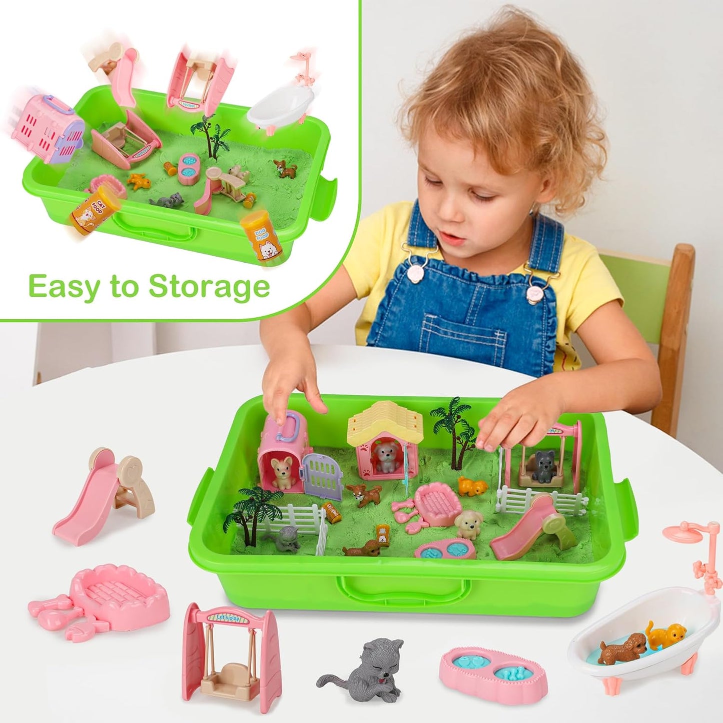Mathea Pet Sensory Bin Kids Sensory Bins for Toddlers 1-3, Kids Sand Art Kit with Sensory Sand & Sandbox, Pretend Play Toys for Girls Boys Ages 3 4 5 6