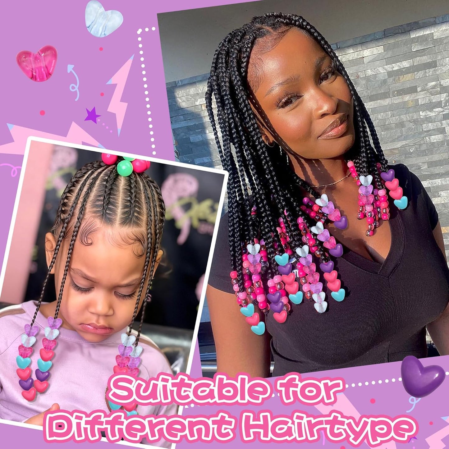 90PCS Heart Hair Beads for Braids Blue Pink Loc Dreadlock Valentine's Day Bead Accessories Purple Cute Acrylic Heart Shape Beads for Kids Girls