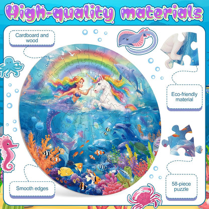 Soulchen 23 Inch Unicorn Mermaid Jigsaw Puzzles, 70 Piece Large Round Floor Puzzle for Kids Ages 4-8, Educational Preschool Learning Toys, Birthday Gifts for Girls 3 4 5 6 7 8 Years Old