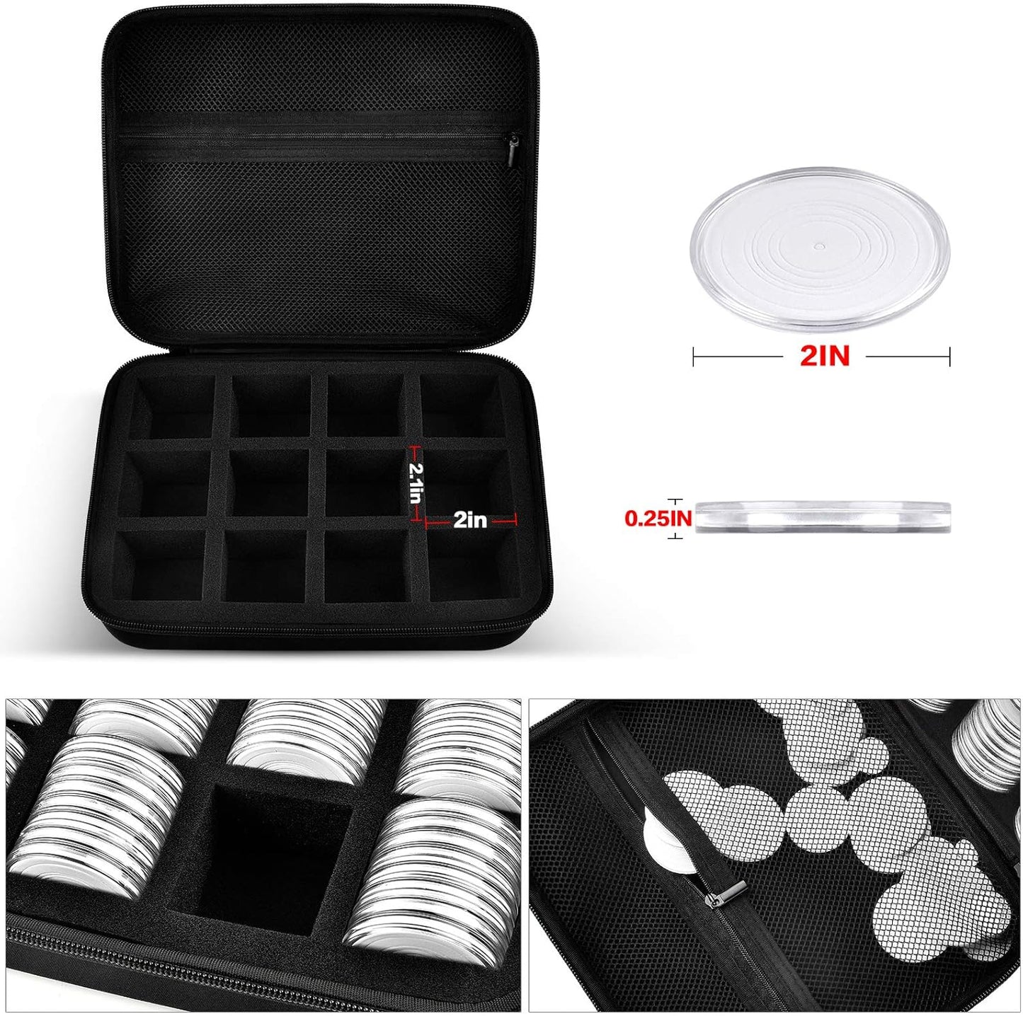 PAIYULE 96 Pieces 46mm Coin Capsules, with Foam Gasket and Plastic Storage Organizer Box, 6 Sizes (20/25/27/30/38/46mm) Coins Collector Case Holder for Coin Collection Supplies(Black)