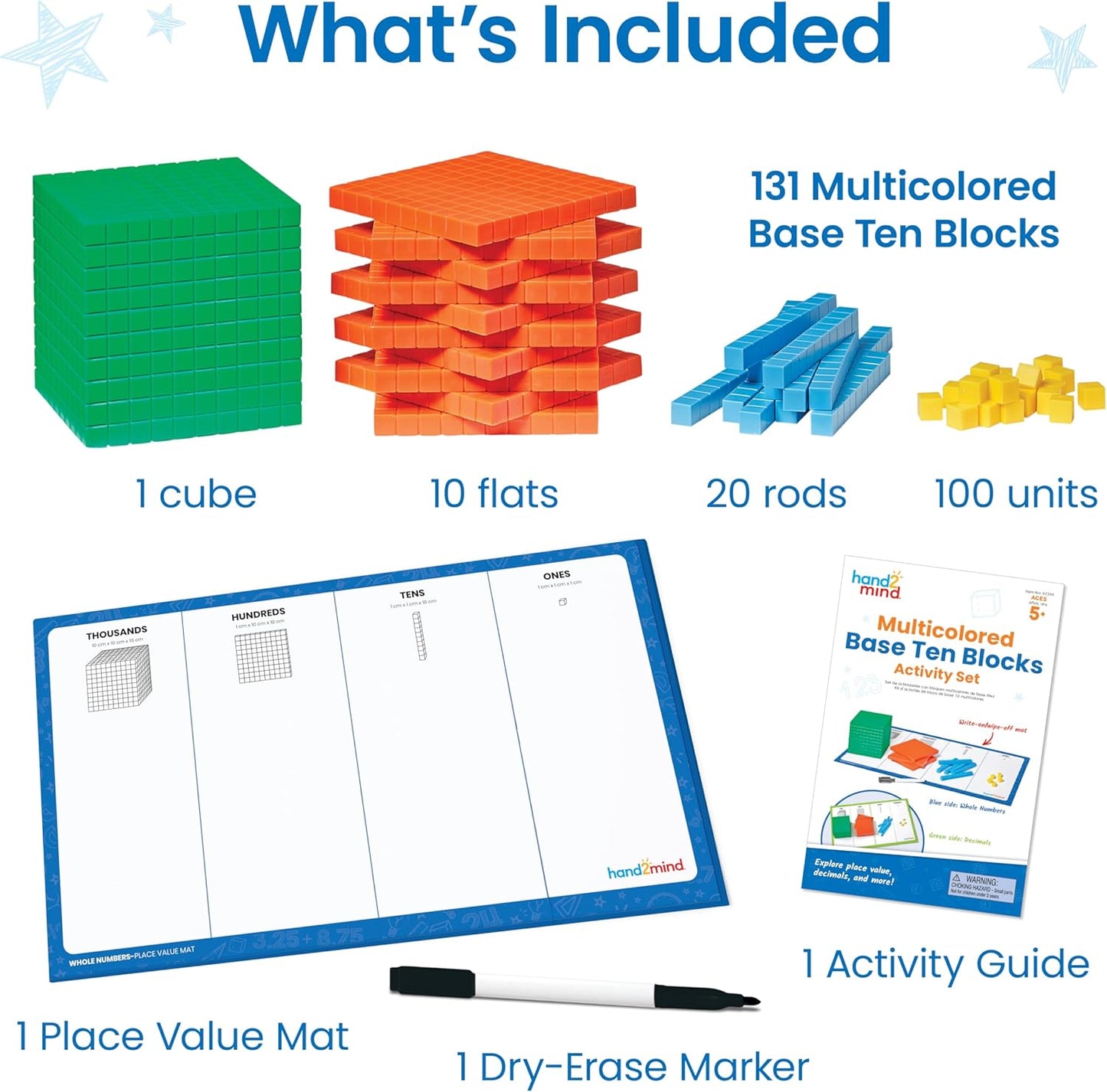 hand2mind Foam Base Ten Blocks Activity Set, Place Value Manipulatives, Base 10 Blocks for Math, Counting Cubes, Math Manipulatives 1st Grade, Small Group Classroom Must Haves (133 Pieces)