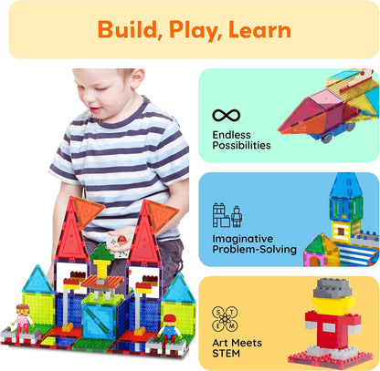 PicassoTiles 333pcs Magnetic Brick Tile and Magnetic Tile Combo Set, Action Figures included, Building Blocks STEM Toys, Educational Montessori Preschool Toddler classroom learning toys, Kids activity