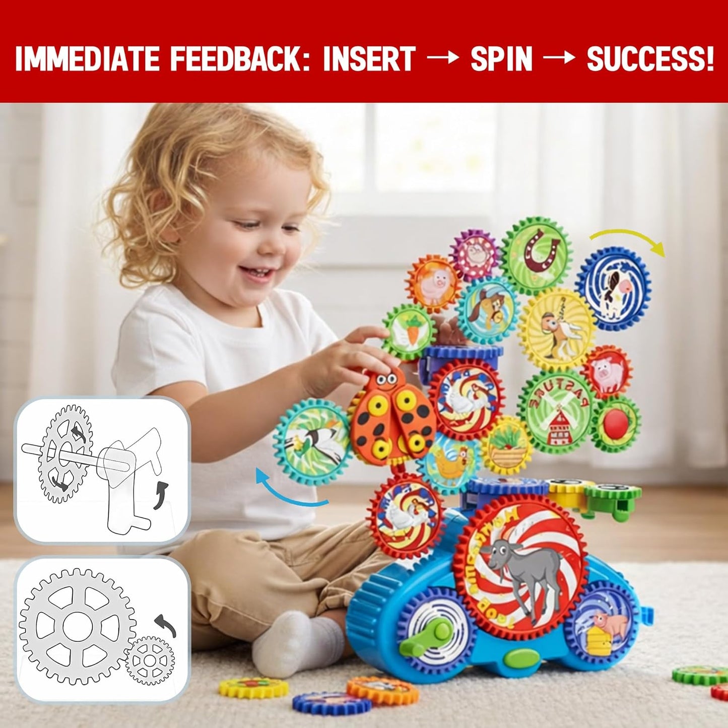 Motorized Spinning Gear Building Toys for Kids, Space Rocket STEM Construction Set, Educational Interlocking Building Blocks Puzzle | Gear Toys for Toddlers Ages 3-8