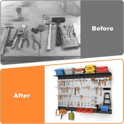 WALMANN 113 PCS Pegboard Wall Organizer Kit with Pegboard Hooks, Bins, Shelves, Pegboard Tools Storage System for Garage, Workbench, Modular Peg Board Tool Organizer Board with Hooks(Black)