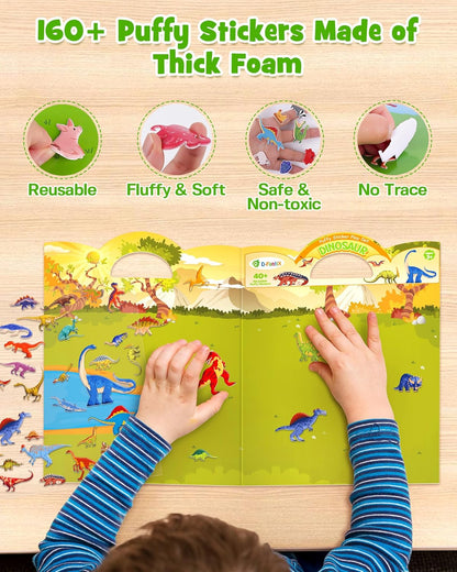 D-FantiX 3D Puffy Stickers for Kids Ages 4-8, Reusable Sticker Books for Toddlers 2-4 Years, Farm Dinosaur Ocean Safari, Car Road Trip Activities, Airplane Travel Toys, Birthday Gifts for Boys Girls
