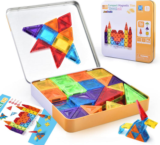 56PCS Mini Magnetic Tiles, Portable Magnetic Toy Travel Set for Kids, Includes Iron Storage Box, Puzzle Toy for Boys and Girls Ages 3+, Creative Building Toy Set, Holiday