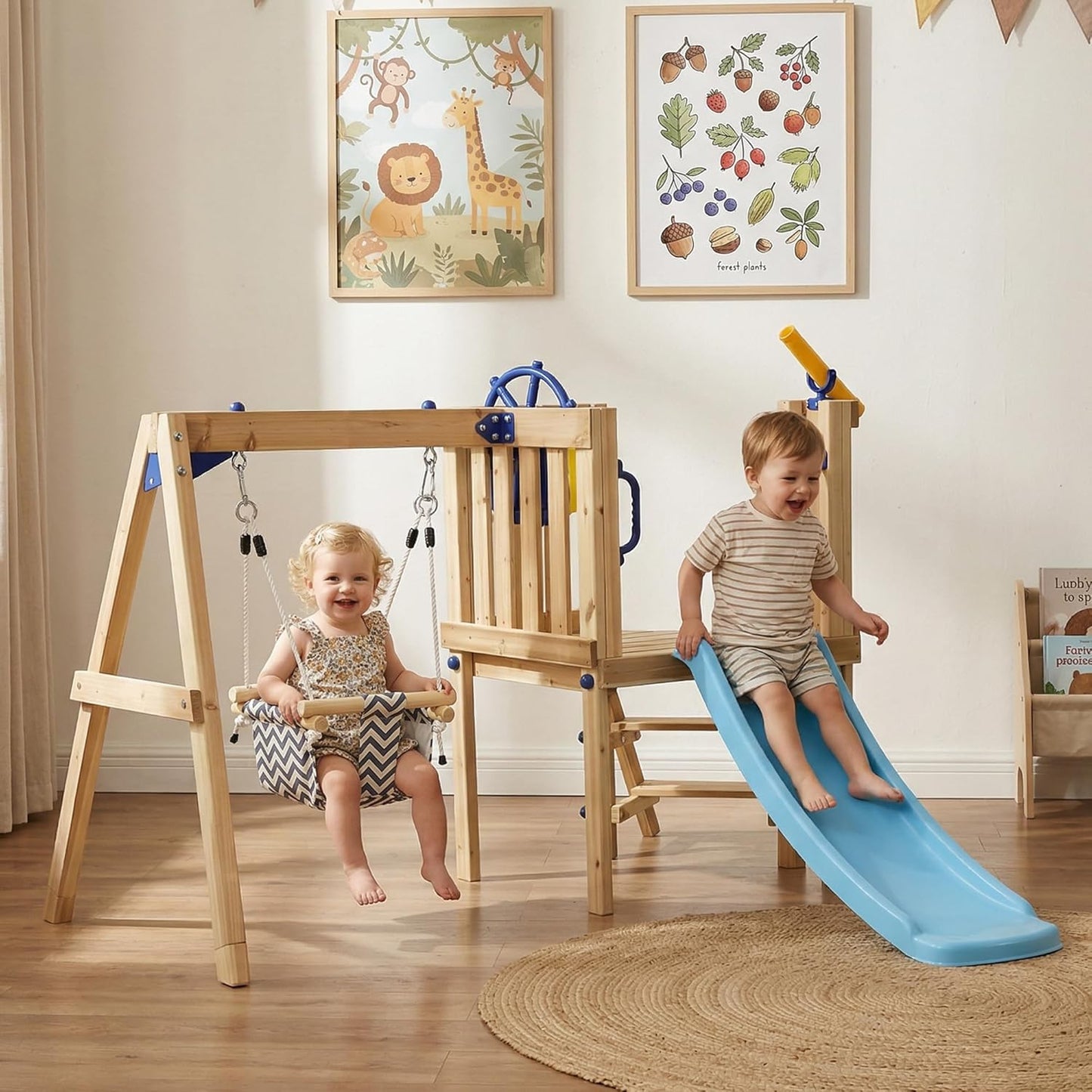Outsunny Swing Set for Backyard, Wooden Toddler Outdoor Playset with Baby Swing Seat, Kids Slide, Fort, Playground Equipment with Captain's Wheel, Telescope for Ages 1.5-4, Natural