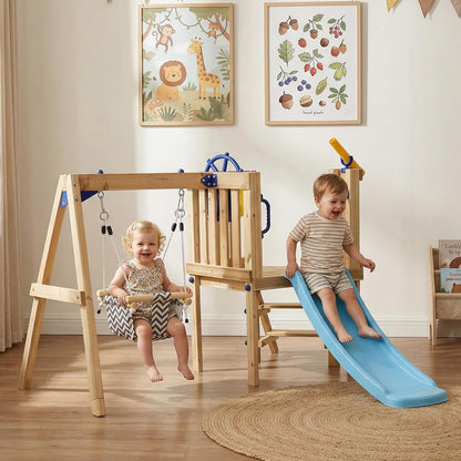 Outsunny Swing Set for Backyard, Wooden Toddler Outdoor Playset with Baby Swing Seat, Kids Slide, Fort, Playground Equipment with Captain's Wheel, Telescope for Ages 1.5-4, Natural