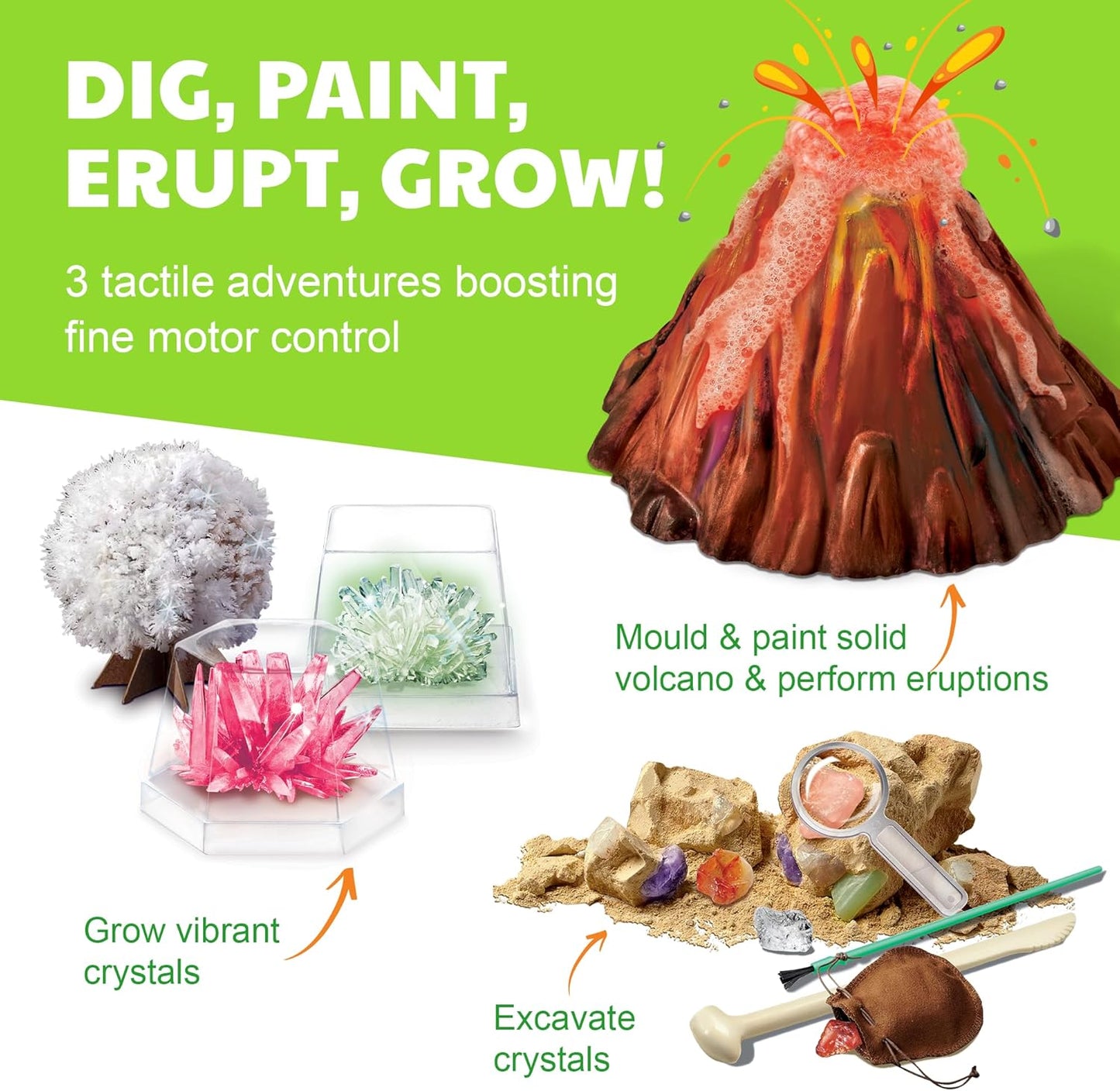 4M - STEAM Earth Science - Educational Science Kits for Kids Ages 5+ with 5 Experiments: Volcano Eruption, Excavate Crystals, Crystal Growing, & More - Hands-On Geology STEM Learning Science for Kids