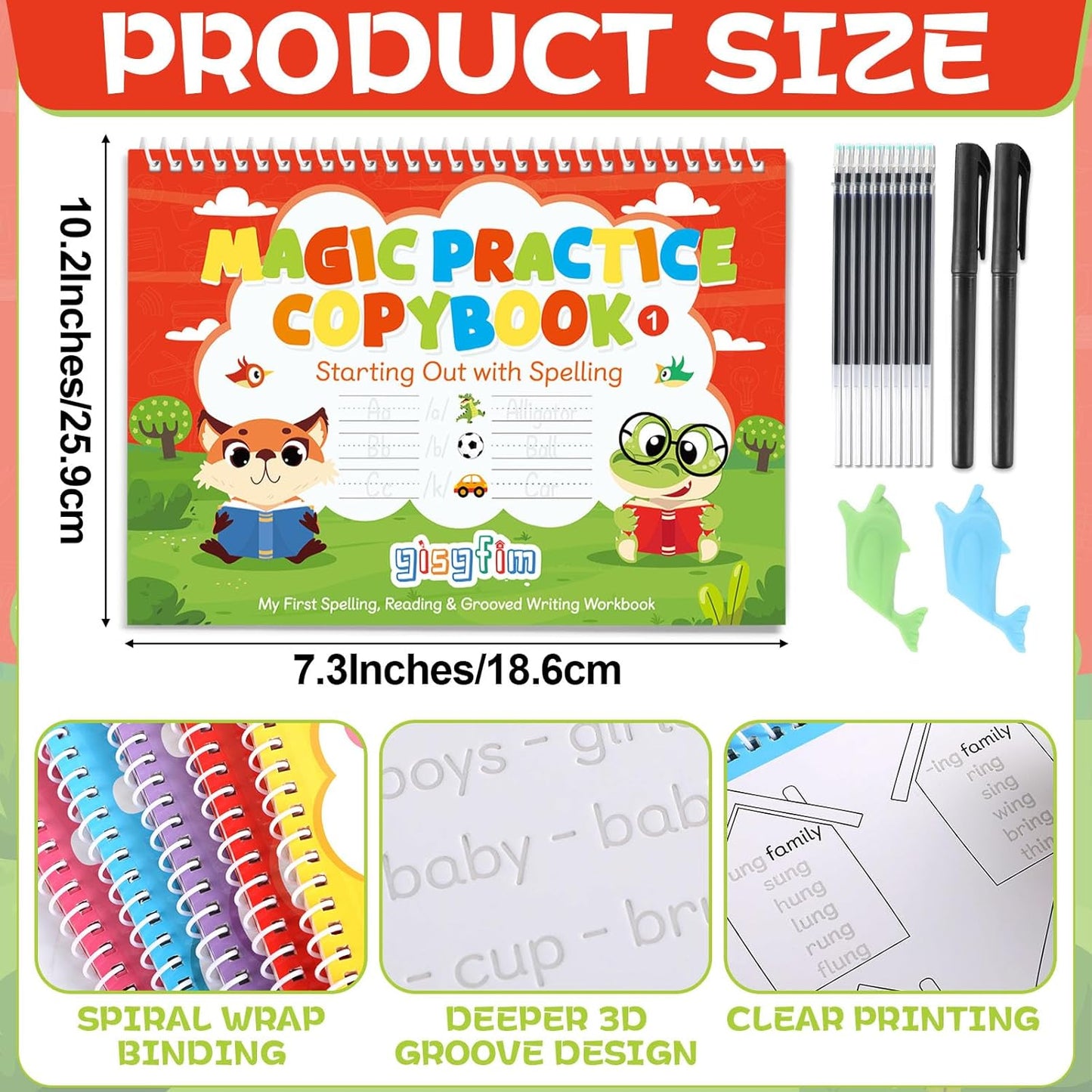 gisgfim 6 Reading and Spelling Set Reading Skill Magic Practice Copybook with Disappearing Ink Pen Learn to Read Handwriting Workbook CVC Word Phonics Game for Homeschool Classroom Activities