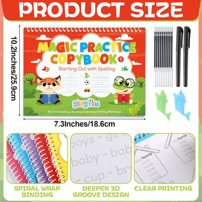 gisgfim 6 Reading and Spelling Set Reading Skill Magic Practice Copybook with Disappearing Ink Pen Learn to Read Handwriting Workbook CVC Word Phonics Game for Homeschool Classroom Activities