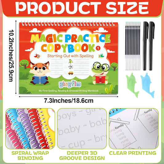 gisgfim 6 Reading and Spelling Set Reading Skill Magic Practice Copybook with Disappearing Ink Pen Learn to Read Handwriting Workbook CVC Word Phonics Game for Homeschool Classroom Activities