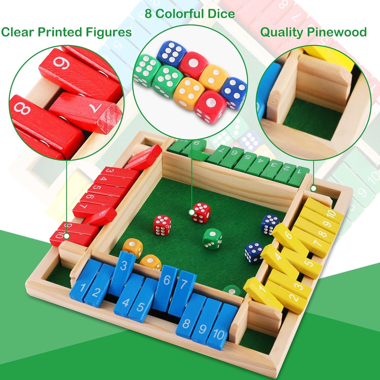 Shut The Box Game Wooden, 1-6 Players Dice Board Game for Adults and Kids, 10 Numbers Math Games - Educational and Entertaining, Classic Table Flip Blocks for Family Game Night