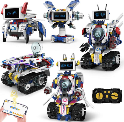 HPROMOT 5-in-1 STEM Robot Building Kit for Kids Ages 6-16, Remote & App Controlled, Rechargeable Engineering Learning DIY Coding Toy, Educational Building Blocks Gift for Girls & Boys (603 PCS)