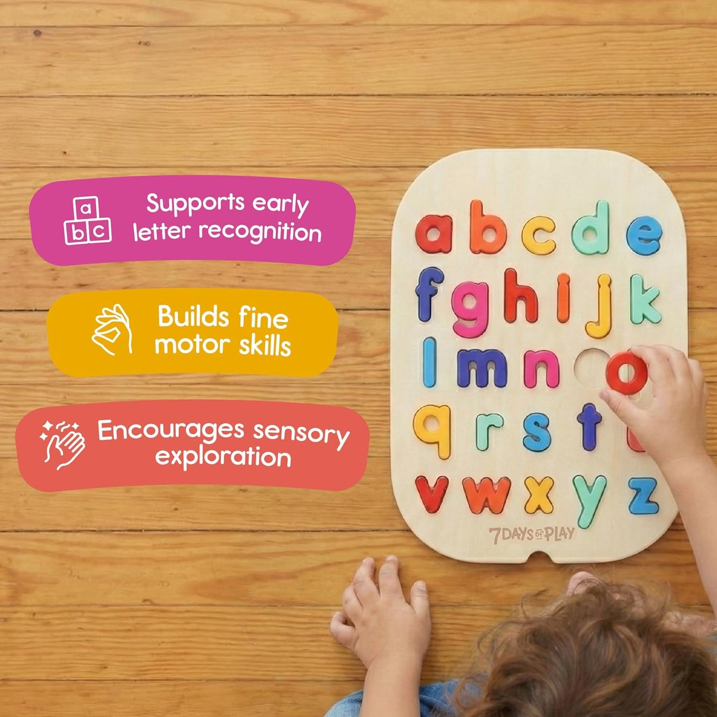 Lowercase Alphabet Puzzle for Kids, Sensory Bin Insert for Sensory Tables, Silicone Letters, Wooden Fine Motor Learning Toy by 7 Days of Play