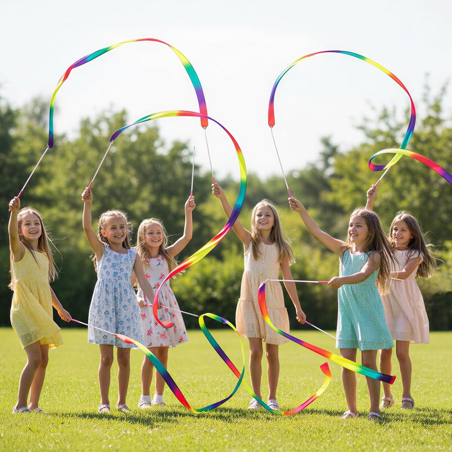 YGEOMER Ribbon Wands, 12pcs Rainbow Gymnastics Ribbons for Kids, Twirling Dance Sticks for Artistic Dancing, Talent Shows & Birthday Party Props