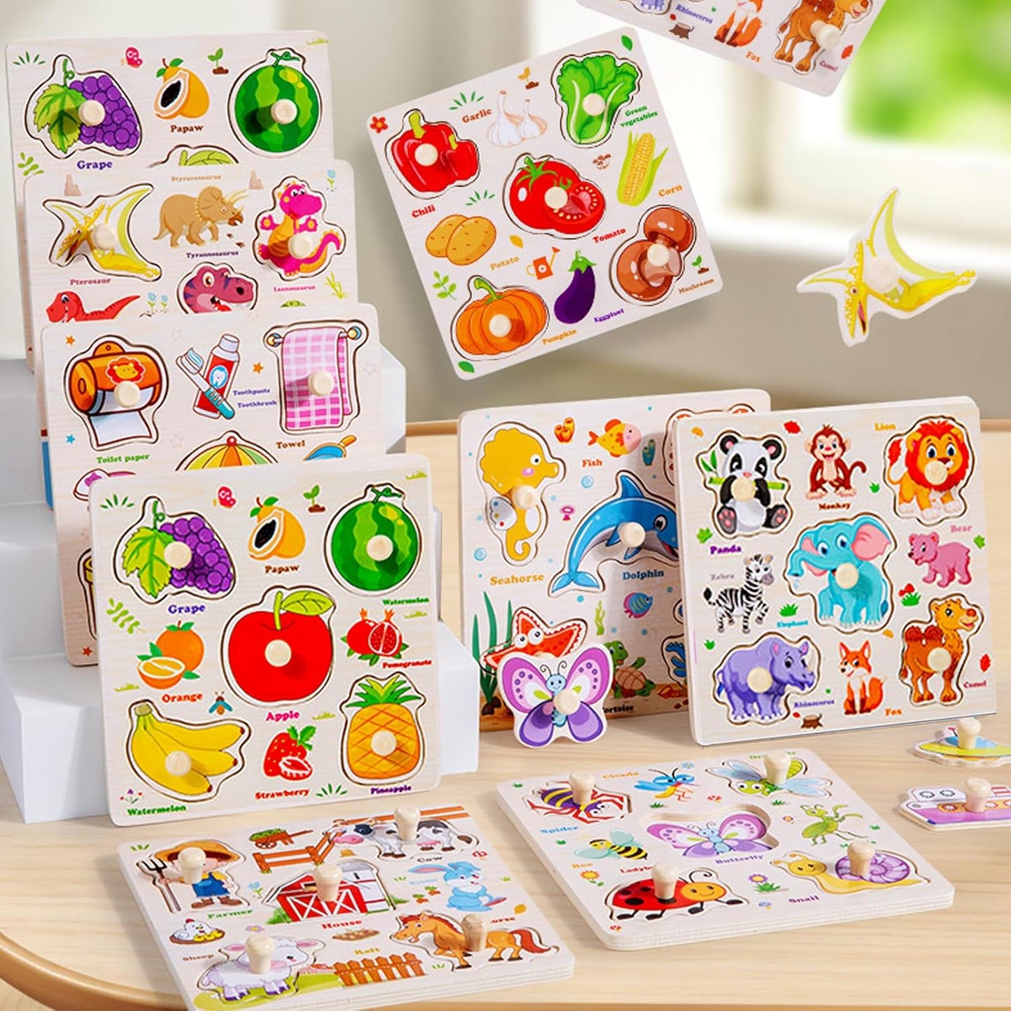 8Pcs Wooden Puzzle for Toddler 1-3, Peg Puzzles for Toddler 2-4, Montessori Learning Toys with Animals, Dinosaur, Fruits & More, Preschool Puzzle Set Educational Toys Toddler Gifts for Girls Boys