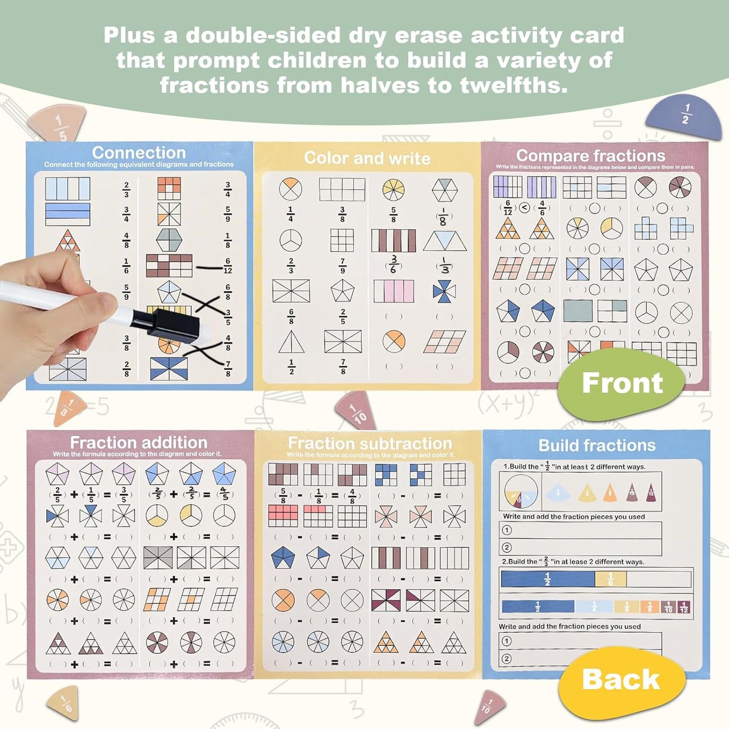 Magnetic Fraction Playbook - 102 Pcs Fraction Manipulatives with Low-Stimulation Colors & Built-in Systemic Exercises, Visual Math Learning Toy K-3, Includes Dry Erase Quiz Card, Marker & Bag