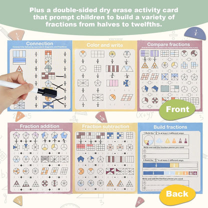 Magnetic Fraction Playbook - 102 Pcs Fraction Manipulatives with Low-Stimulation Colors & Built-in Systemic Exercises, Visual Math Learning Toy K-3, Includes Dry Erase Quiz Card, Marker & Bag