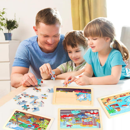Wooden Puzzles Toys for Kids Ages 3-5, Set of 4 Packs with 20-Piece Farm, Animals Theme Wood Jigsaw Puzzles, Preschool Educational Brain Teaser Toys for Boys and Girls 3-6 Years Old.