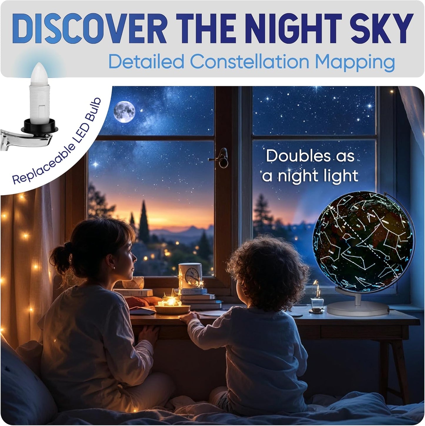 SMART WALLABY 9" Illuminated Educational Kids World Globe + STEM Flags & Countries Interactive Card Game. 3 in 1 Children Desktop Spinning Earth Political & Constellation Maps, LED Night Light Lamp