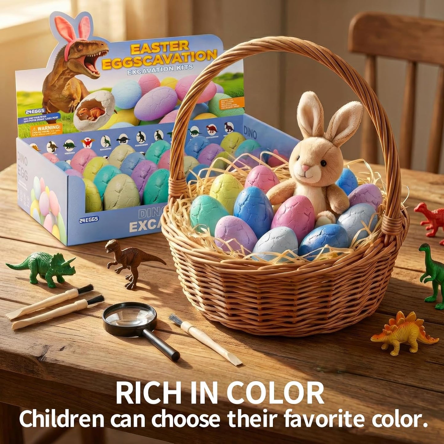 24 Dinosaur Eggs Dig Kit Toys for Kids, Dinosaur Eggs Excavation Kit with Magnifier, Easter Basket Stuffers, Science STEM Birthday Party Favors Gifts for Boys Girls Age 3 4 5 6 7 8 9 10 + Years Old